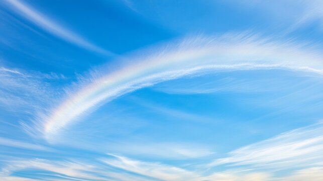 Ethereal Iridescent Arc of Pastel Hues in Serene Blue Sky with Delicate Wispy Clouds - Atmospheric Optical Phenomenon