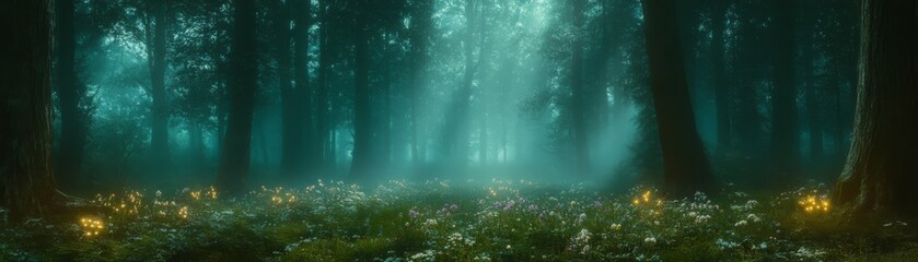 Fototapeta premium Enchanted Forest Path with Glowing Wildflowers and Mystical Teal Atmosphere Fantasy Nature Scene for Game, Cover Art