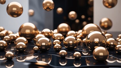 a digital artwork featuring a collection of reflective, metallic spheres in various sizes