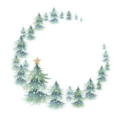 Christmas spruces snow-covered with golden star. Hand drawn watercolor fir trees illustration, round wreath, greeting card template isolated from background with copy space for text for New year.