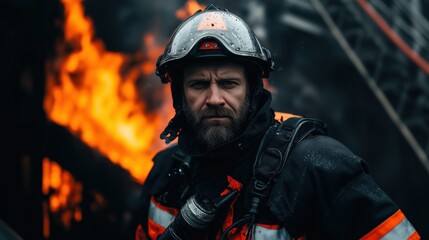 Horizontal shot. A beautiful tall 190 cm firefighter of 35 years old with a stern expression on his face comes out of the fire