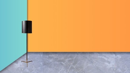 Orange And Blue Minimalist Interior with Floor Lamp and Empty Walls
