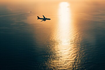 Fototapeta premium Soaring high above a breathtaking tropical sea the airplane captures the warm glow of sunset reflecting golden hues off tranquil waters and creating a serene moment in time.