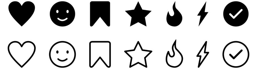 Obraz premium Add to favorite icons set. Like and love icon. Thumbs up and heart flat icon. Check mark box icon. Rating star icon. Flash lightning bolt icon. Bookmark save icon. Vector elements. Editable stroke.