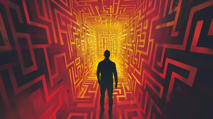 A man standing in front of a maze generative ai. Labyrinth. Illustration