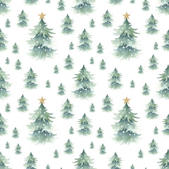 Christmas trees snow-covered with festive golden star decoration on top, forest winter landscape. Hand drawn watercolor isolated seamless pattern for New Year festive packaging paper, wallpaper.
