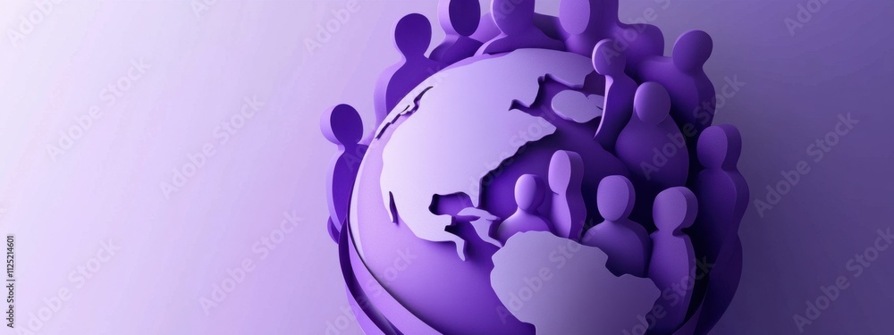 Poster global community unity: a 3d render of people surrounding the earth, representing global interconnec