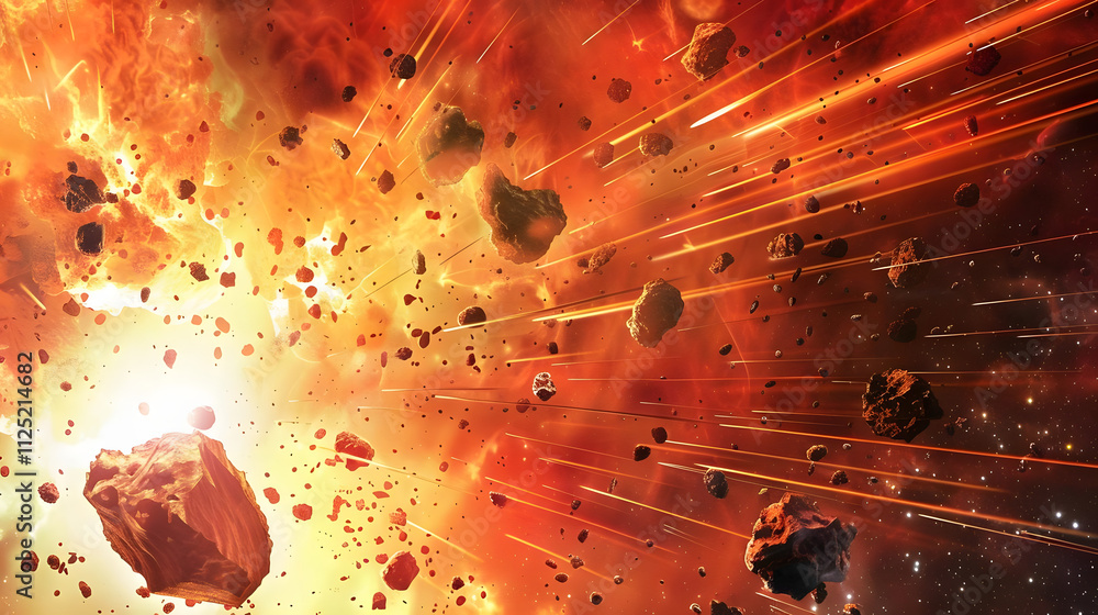 Wall mural urgent collision of vivid red and orange asteroids in a fiery cosmic landscape. generative ai