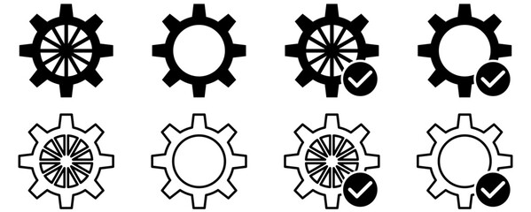 Gear icon set, gear with check mark icon tick symbol. black gear wheel icons collection. Cogwheel vector icon.