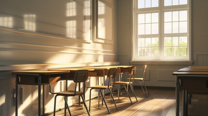 A classroom with a desk pushed against the wall, isolated from the others, symbolizing the feeling of being pushed away and ignored