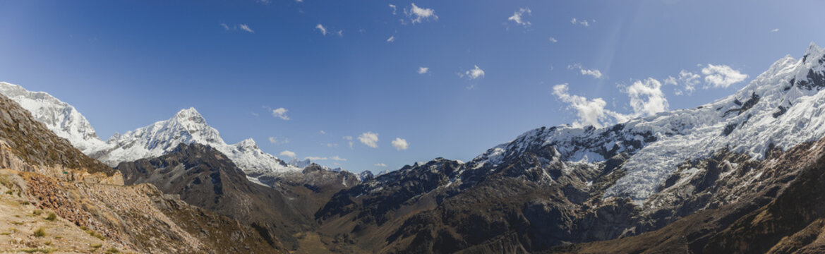 Panoramic view of the snow-capped mountains of the Cordillera Blanca, located on the road between the provinces of Carhuaz and Asuncion, near Punta Olimpica. Ancash, Peru.