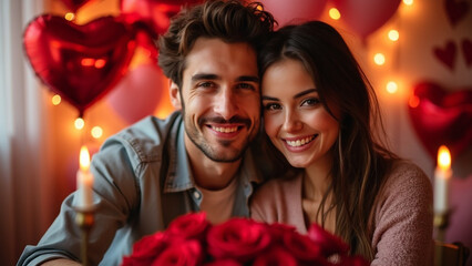 Romantic Couple Posing with Valentine’s Day Decorations and Heart Balloons for Love-Themed Photography.