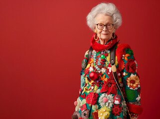 Elderly Woman Wearing Festive Christmas Sweater with Colorful Decorations.