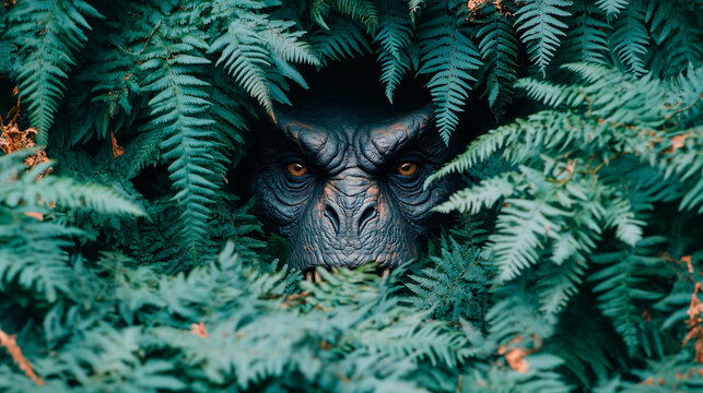 Rostro de gorila oculto entre helechos en la selva
