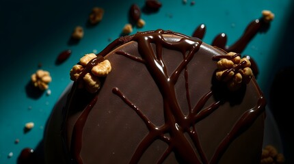 Decadent chocolate dessert topped with walnut pieces and drizzled chocolate, creating rich and indulgent treat.