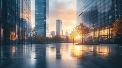Obraz premium A city square at dawn with the first light reflecting off the modern office buildings nearby