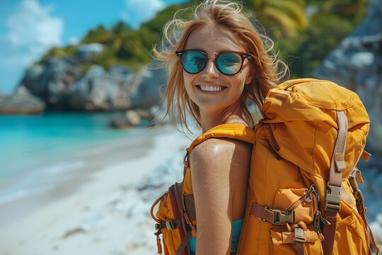 Young Woman Backpacking on Tropical Beach Adventure During Summer Vacation - Powered by Adobe
