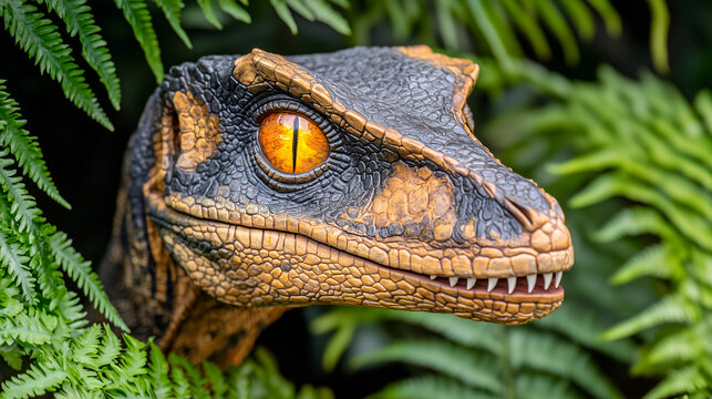 Dinosaurio velociraptor entre helechos en la selva
