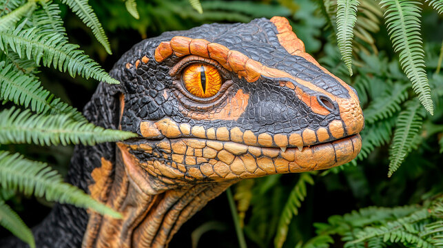 Dinosaurio velociraptor entre helechos en la selva