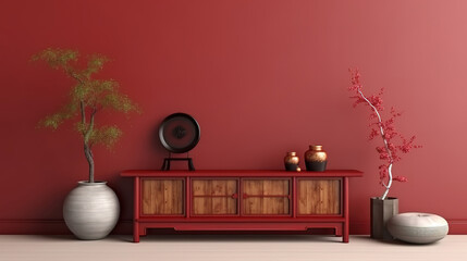 Gorgeous Wooden cabinet and accessories decor in living room interior on empty soft red wall