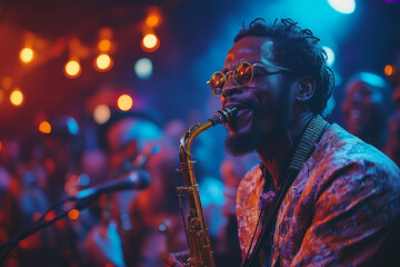 A saxophonist in stylish attire plays passionately in a lively, colorful jazz club atmosphere. Perfect for music, nightlife, and culture concepts.