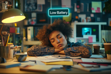 Fototapeta premium A woman with her head resting on a cluttered desk, surrounded by scattered papers and coffee cups, with a holographic 