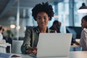 An attractive african young businesswoman sits confidently at her office table focused on her laptop while colleagues collaborate in the background creating a dynamic work environment.