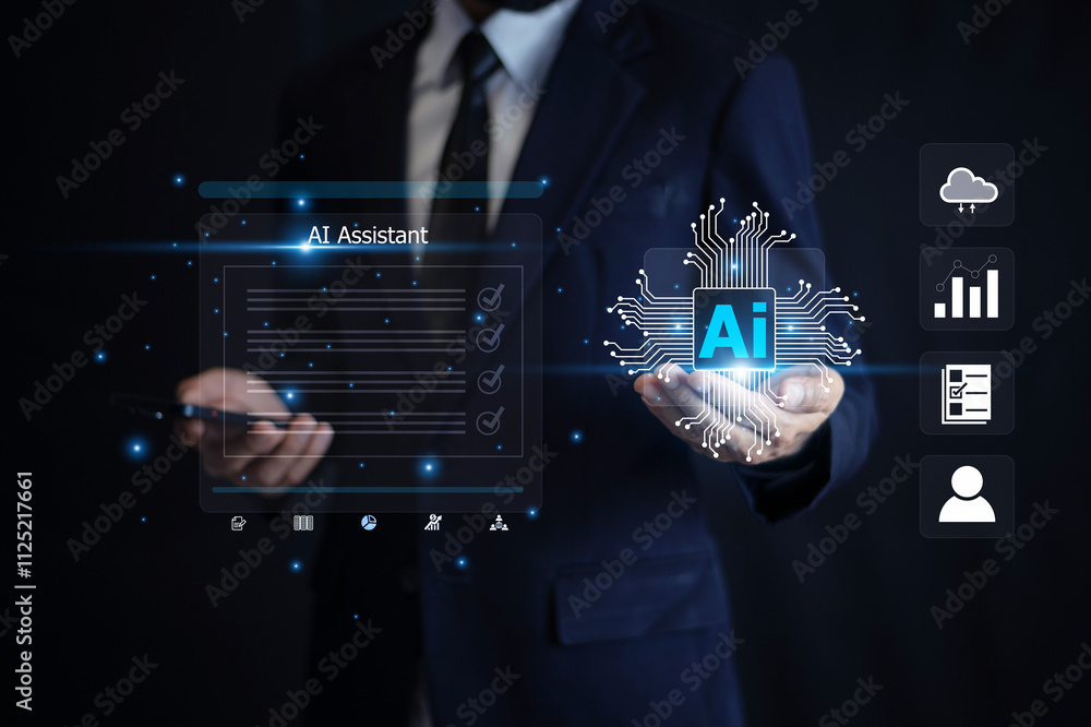 Poster businessman interacting with advanced ai technology, visualizing data-driven solutions and innovativ
