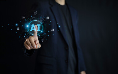 Businessman using AI-powered technology on a mobile device, showcasing innovation and seamless integration of artificial intelligence into daily operations.