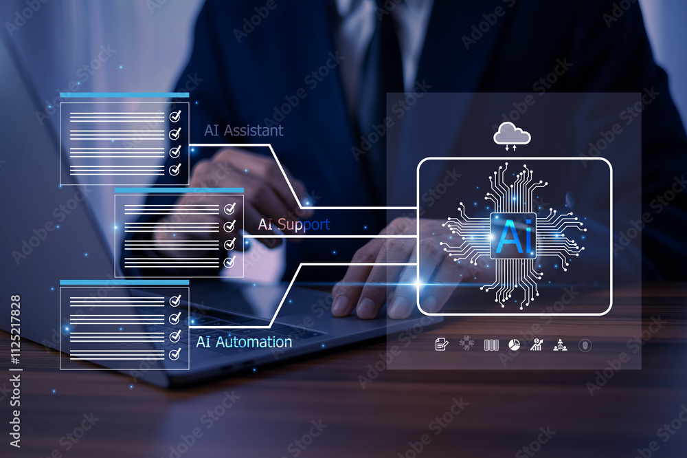 Poster businessman interacting with advanced ai technology, visualizing data-driven solutions and innovativ