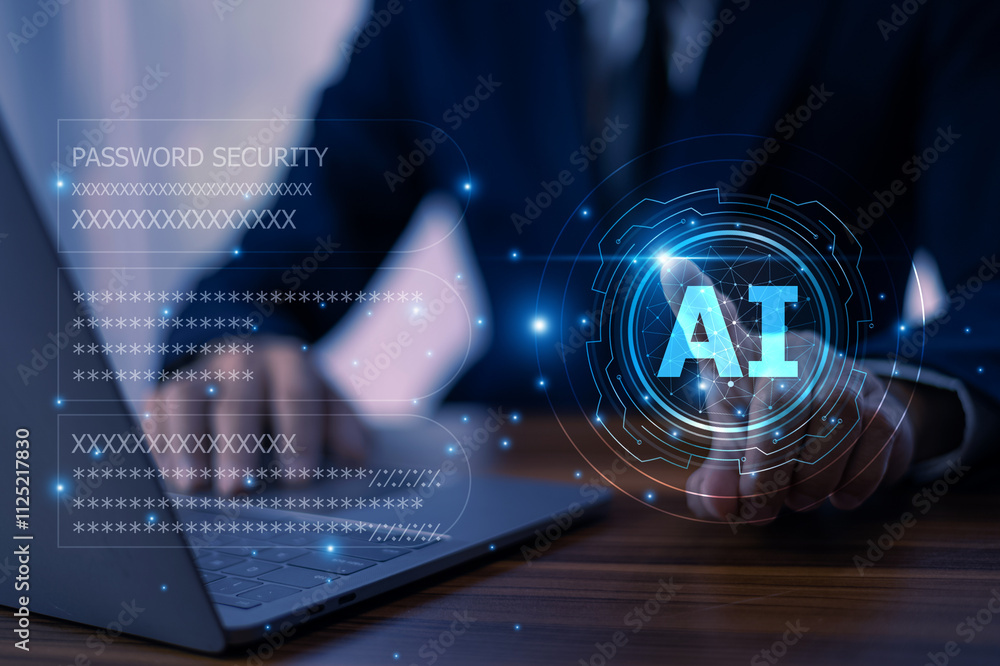Poster businessman using ai technology on a laptop to enhance password security and protect sensitive data,