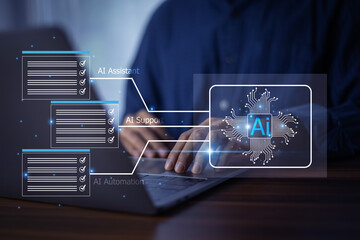 Businessman interacting with advanced AI technology, visualizing data-driven solutions and innovative tools for business strategy and digital transformation.