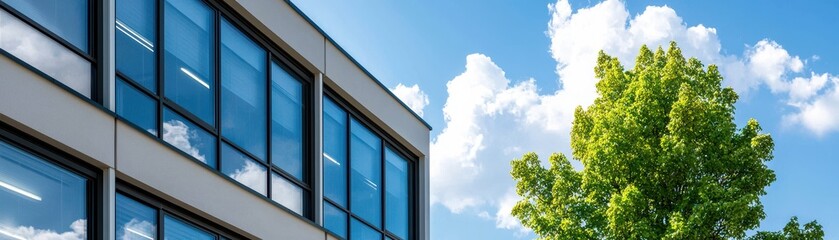 Obraz premium A modern building with large windows beside a vibrant tree, under a bright blue sky adorned with fluffy white clouds.