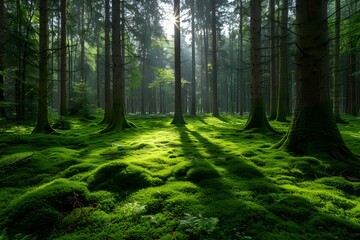 Obraz premium Serene Forest Landscape with Sunlight Filtering Through Trees for Nature-Themed Designs