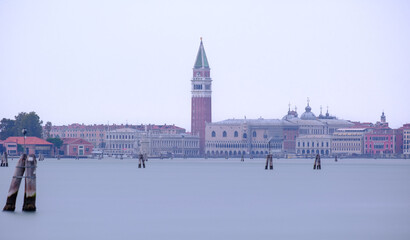 Frozen view of venice skyline and guidecca from lido