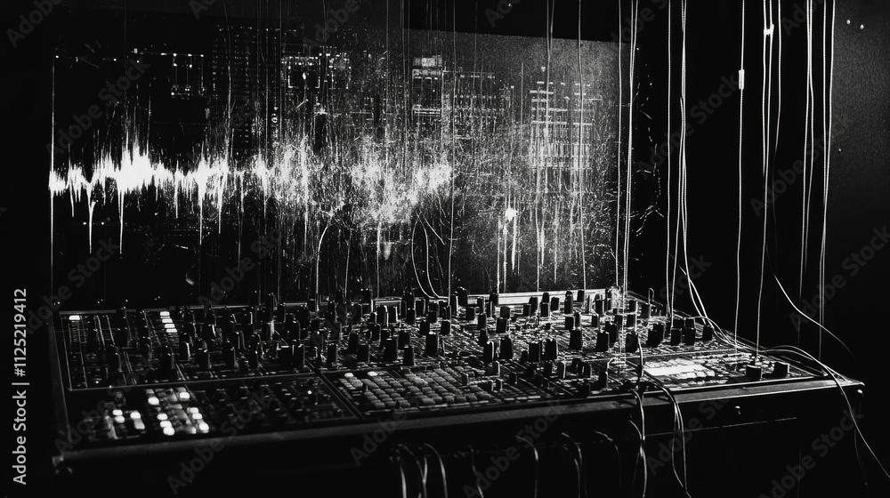 Poster monochrome image; sound mixer; audio waveforms; wires.