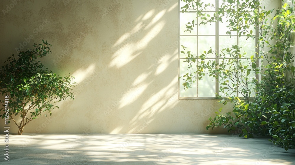 Poster Natural light streams through a large window, illuminating a calm space adorned with soft beige walls and verdant plants, evoking tranquility