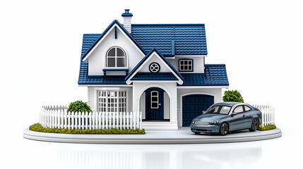 A miniature model of a house with a car parked outside, featuring a white picket fence and a well-maintained lawn.