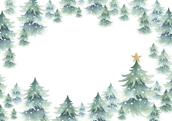 Fototapeta premium Christmas spruces snow-covered with golden star. Hand drawn watercolor fir trees illustration, horizontal greeting card template isolated from background with copy space for text for New year, A4, A5.