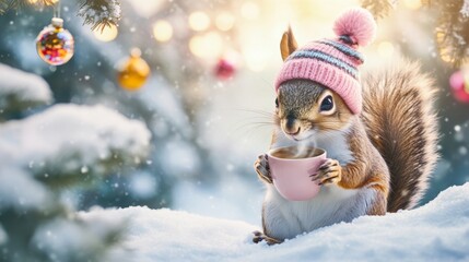 Charming Squirrel in Pink Knitted Hat Holding Warm Drink in Winter