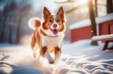 A red-haired dog runs to meet its owner through the snow on a winter day