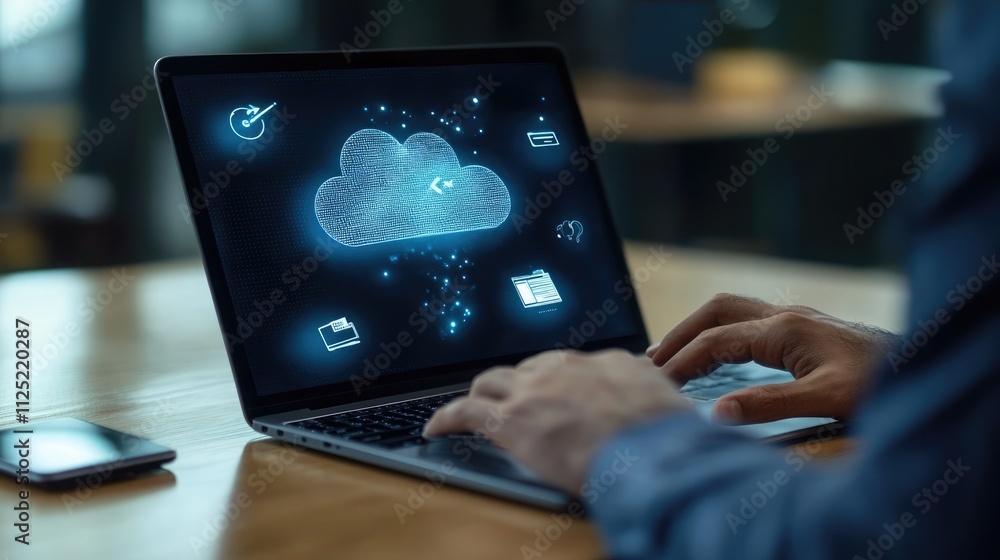 Poster cloud data security system businessman using laptop with cloud network communication technology