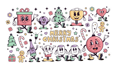 Obraz premium Very big set of Merry Christmas groovy retro style in pastel colors. Vintage illustration of Merry Christmas and happy new year characters mascotte. Christmas element, collection vibes 70s, 80s, 90s