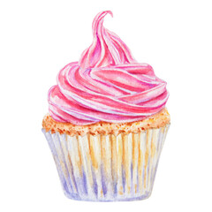 Watercolor illustration of a cupcake with vibrant pink swirled frosting and a golden, textured base in a paper liner. Perfect for dessert menus, greeting cards, party designs and bakery branding