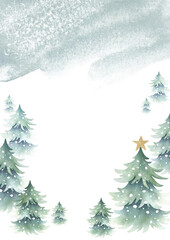 Christmas spruces snow-covered with golden star and green stain. Hand drawn watercolor fir trees isolated illustration, vertical greeting card template with copy space for text for New year, A4, A5.