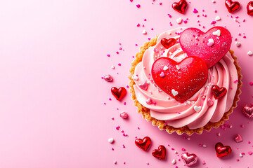 Cupcake with pink meringue cream decorated with two big red hearts on pink background for Saint Valentines Day