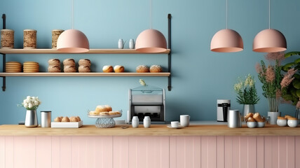 Gorgeous kitchen with light pink cabinets and wooden stools
