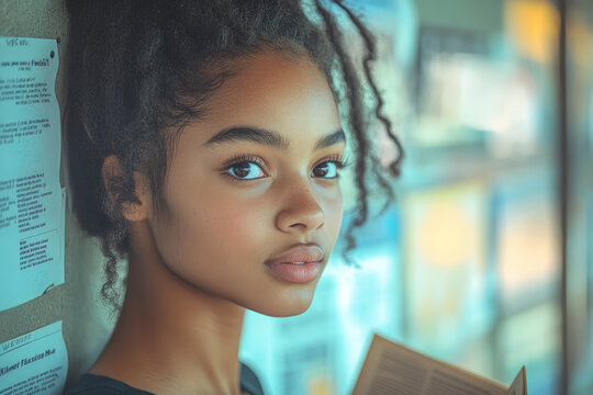 A close-up of a teenage girl with natural hair, holding a book. She gazes intently at the camera, with a colorful indoor background and natural lighting. - Powered by Adobe