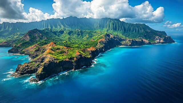 Na Pali Coast, Kauai, Hawaii: Aerial View of Dramatic Cliffs and Turquoise Ocean