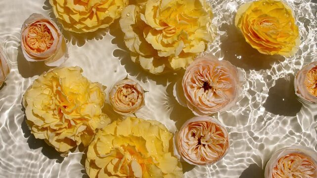 Yellow rose flowers on water surface. Waves, water Splash on white background. Sun and shadows. Pure water with reflections sunlight and shadows in slow motion. . High quality 4k footage